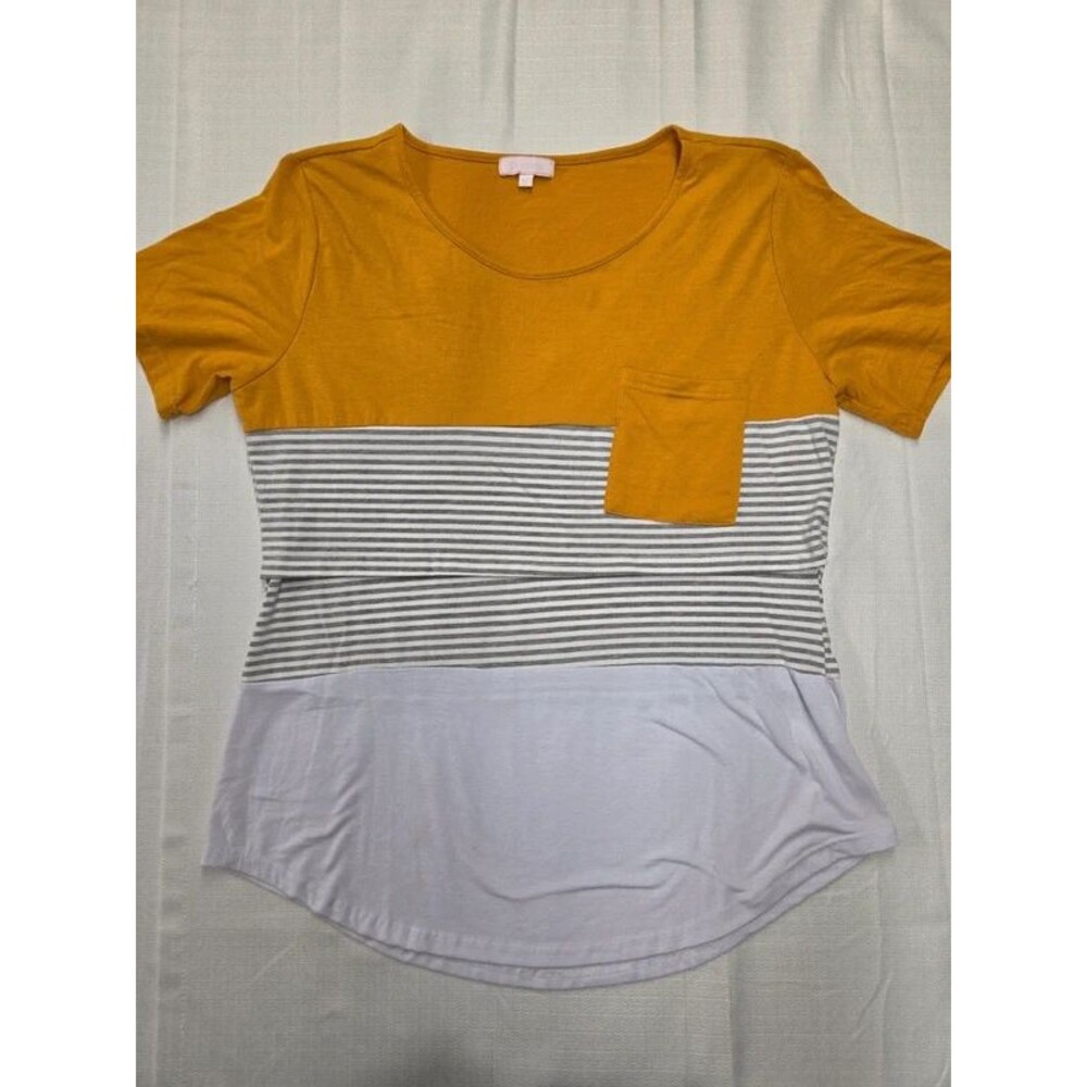 Brumie Maternity Nursing Top Short Sleeve Colorblock Mustard Striped XXL